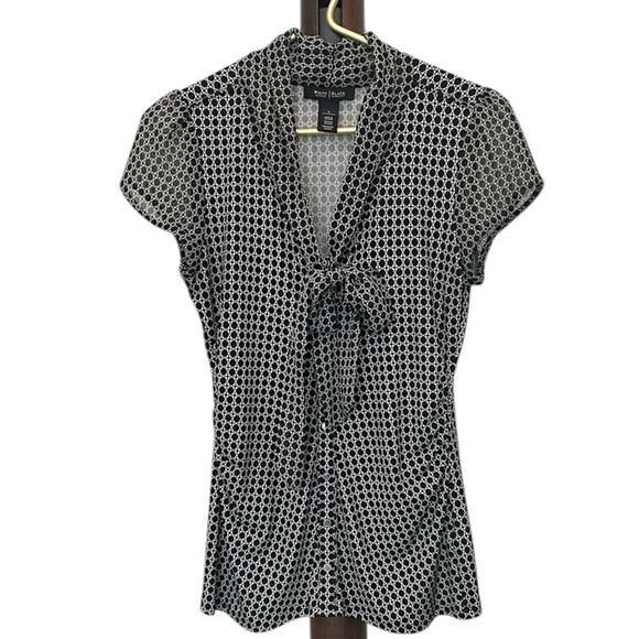 WHBM Black White Blouse Tie Front Cap Sleeve Career Smart Casual Work Size S EUC - Picture 2 of 6